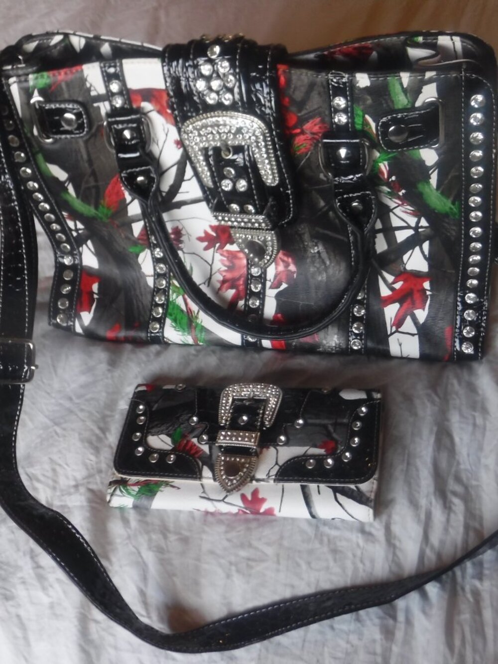 Western Camouflage Buckle Rhinestone Purse Wallet Set bling Purse